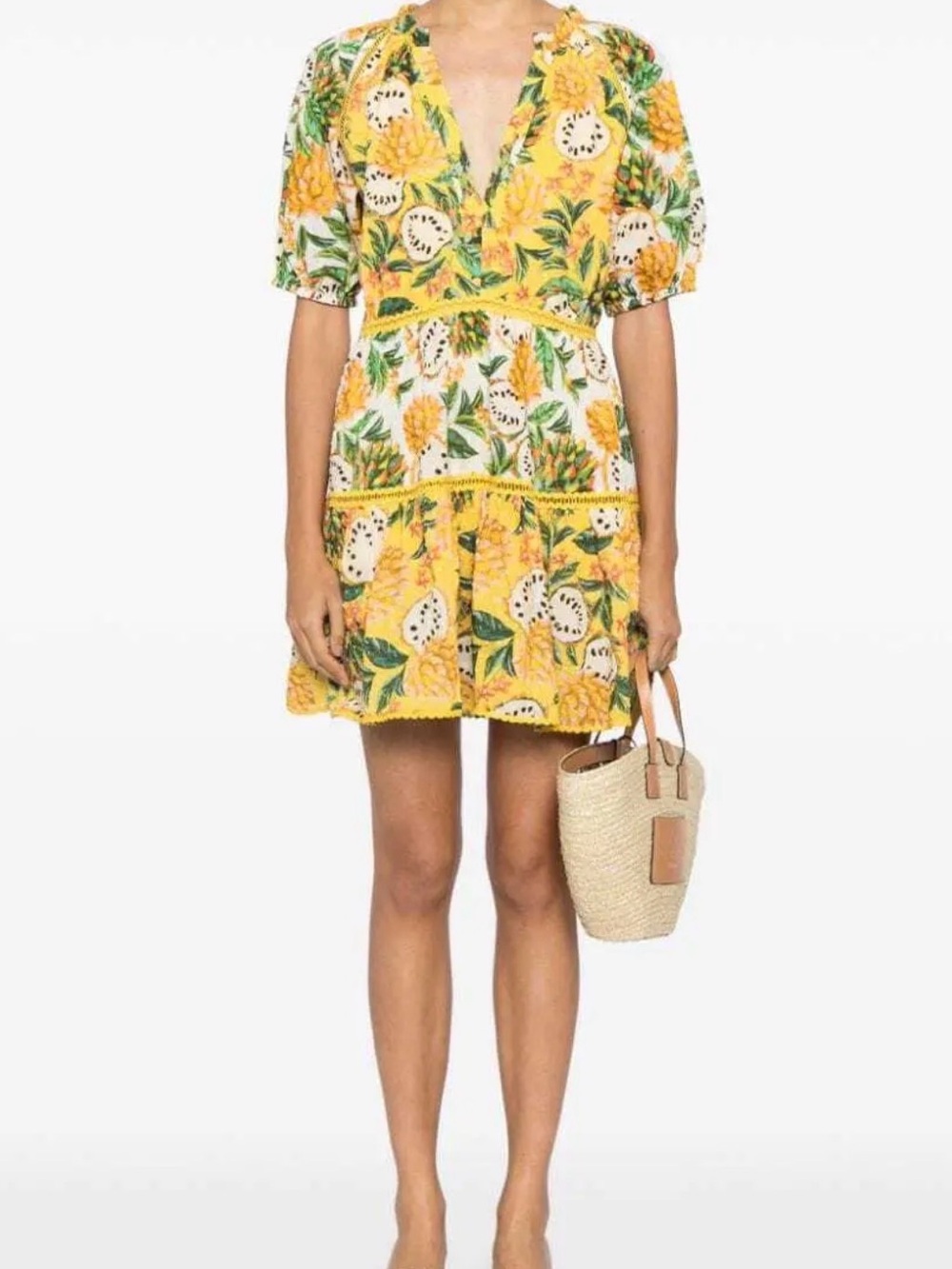 Farm Rio Yellow Floral V-Neck Mini Dress
